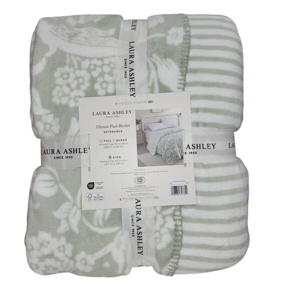 Laura‎ Ashley King Plush Blanket Reversible Floral Stripe Sage Ivory Shabby Chic - Picture 1 of 16